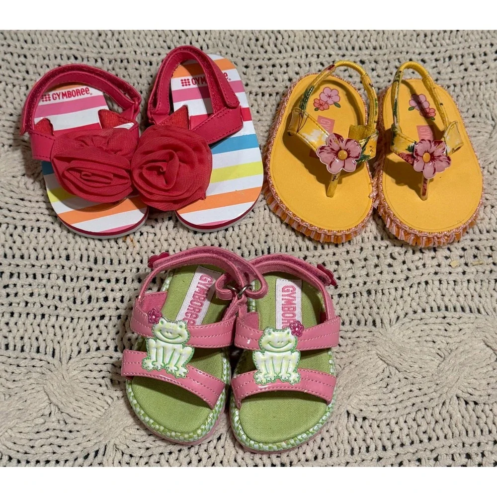 Gymboree Baby Girls Sandals Lot 3 Pairs Size 4 Frog Floral Rainbow Rosette